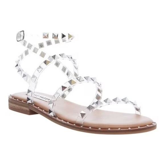 Steve Madden Travel Strappy Gladiator Studded Clear Silver Sandal Womens 8M - Picture 1 of 10